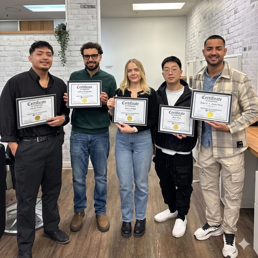 Five graduates holding their certificates